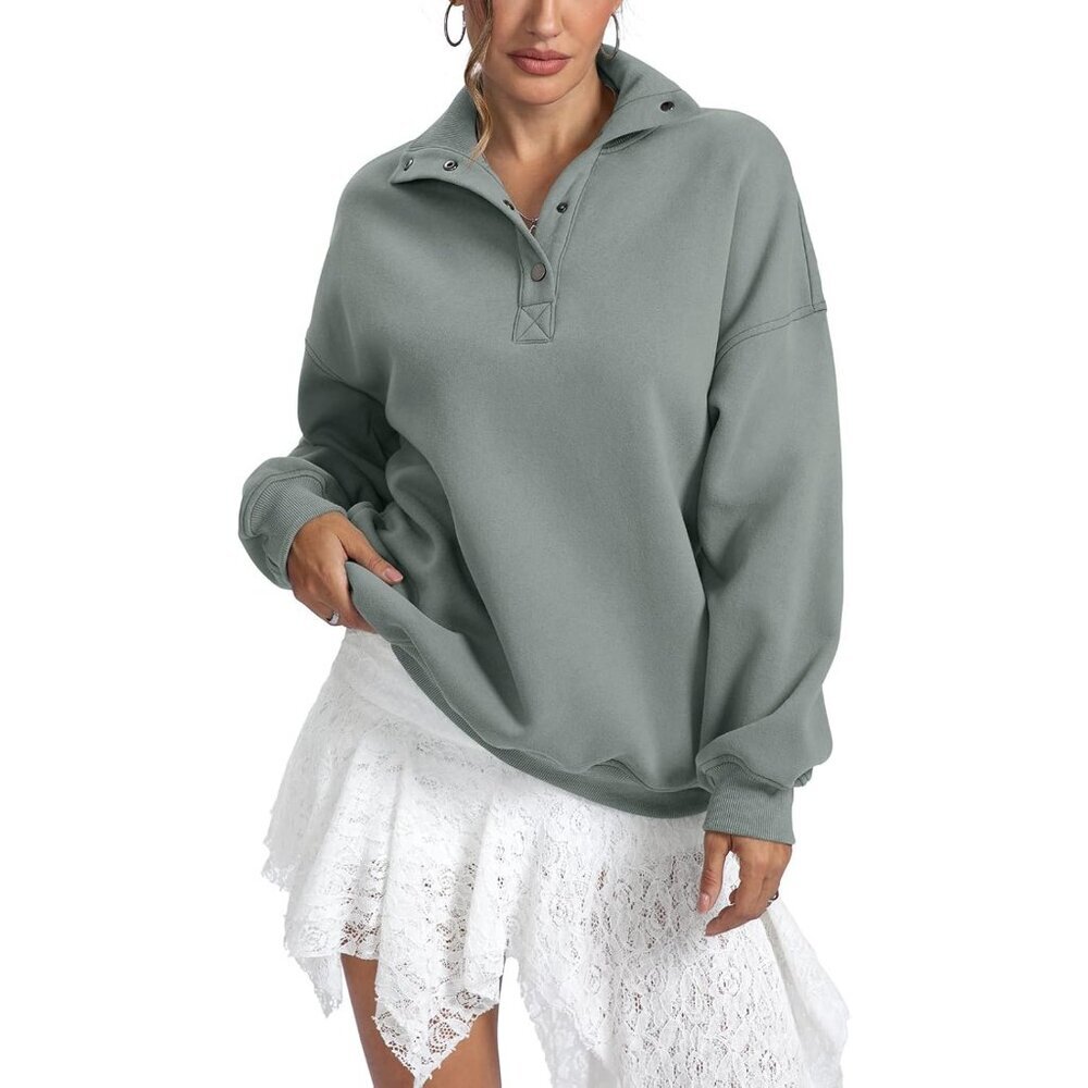 Women's Dark Green Sweatshirts Trendy Tops Fleece Henley Neck Long Sleeve Button - Picture 5 of 6